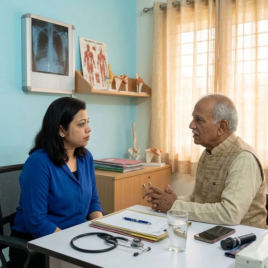 Doctor talking with patient in clinic